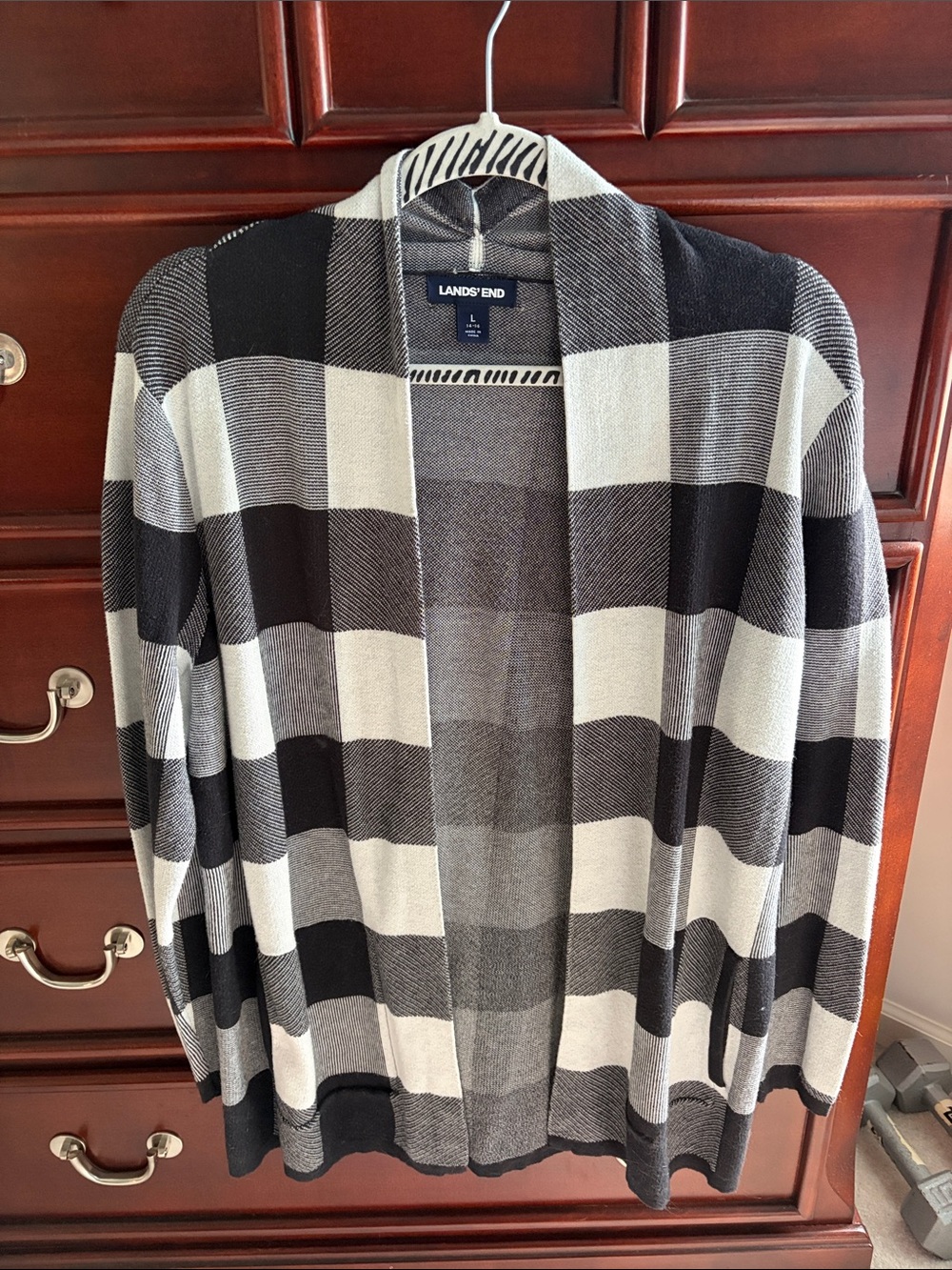 Lands' End Black and White Buffalo Check Open Cardigan